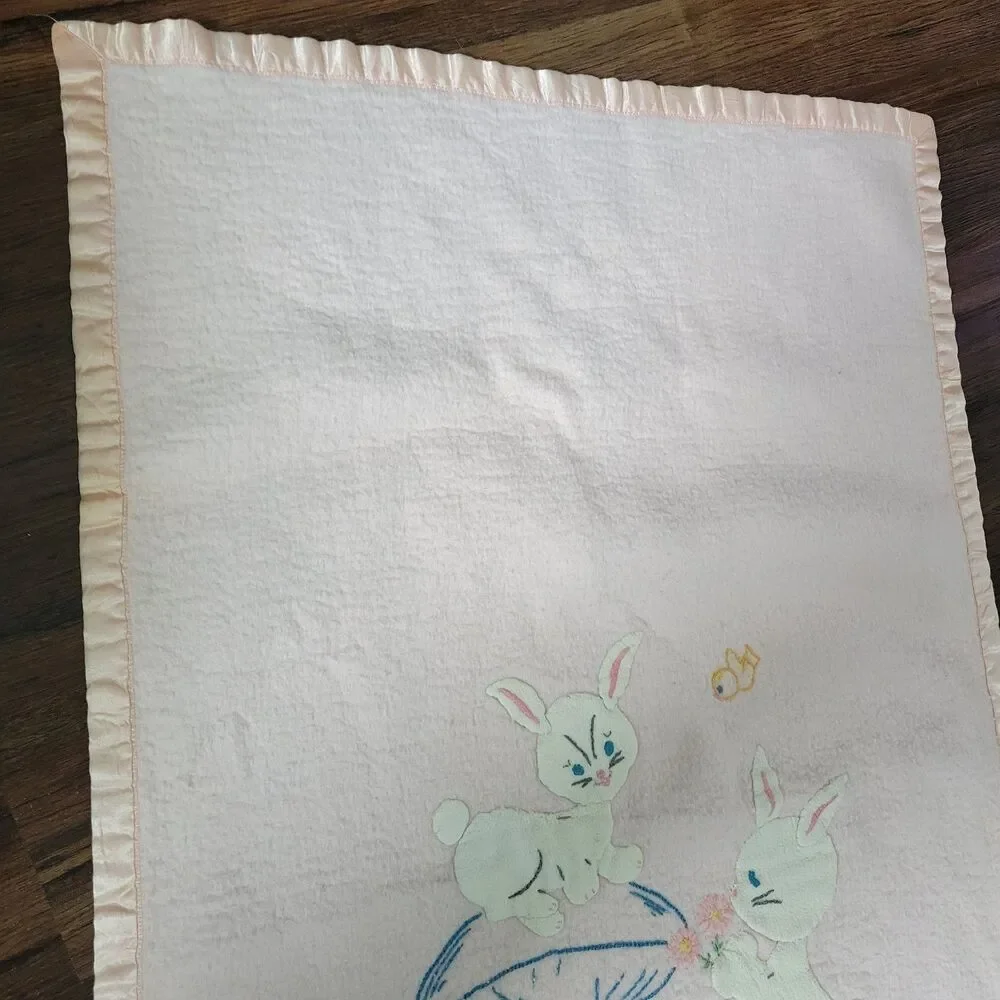 Vintage Pastel Pink Baby Blanket Applique Bunnies Mushroom Bird flower satin tri